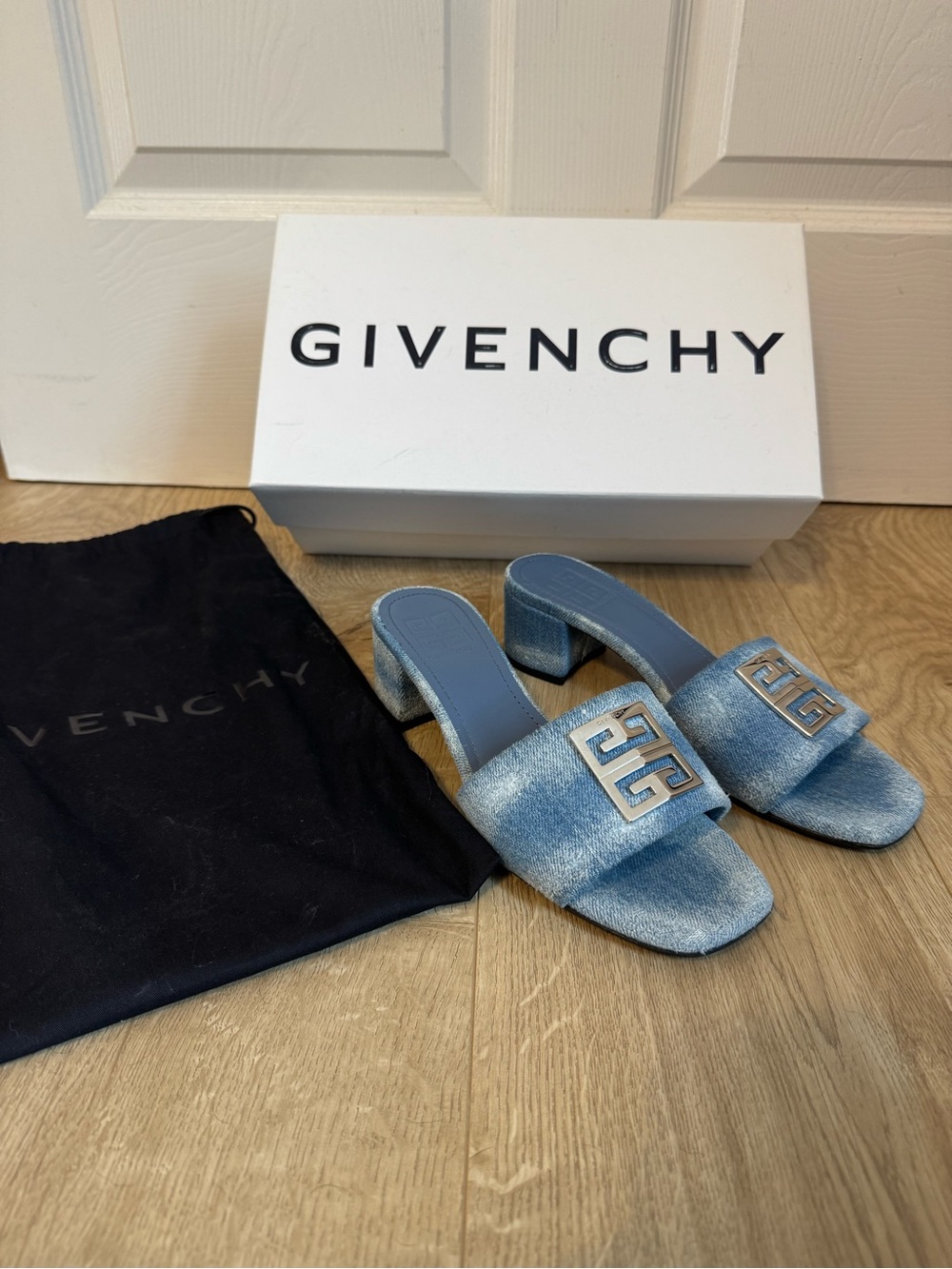 Givenchy 4G Denim Blue Mule Heel Sandals